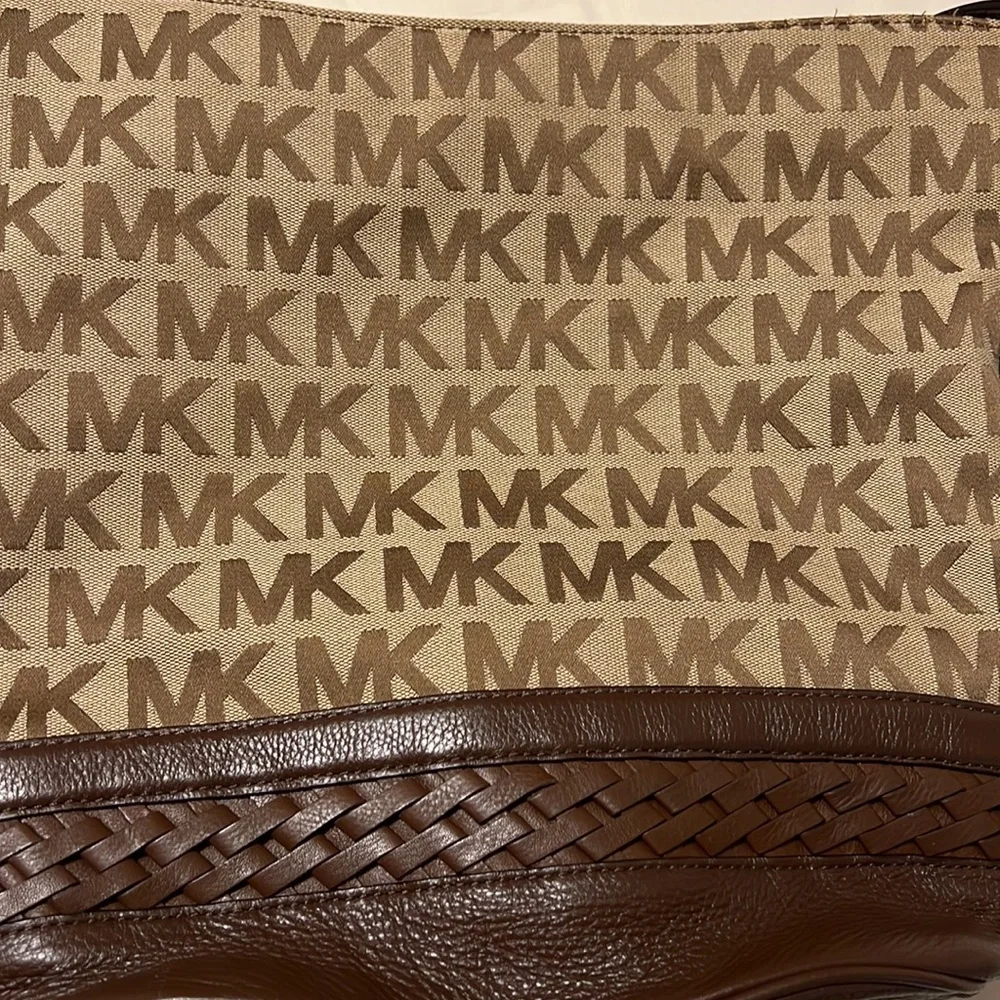 Michael Kors Beige and Brown MK Logo Shoulder Hobo$45